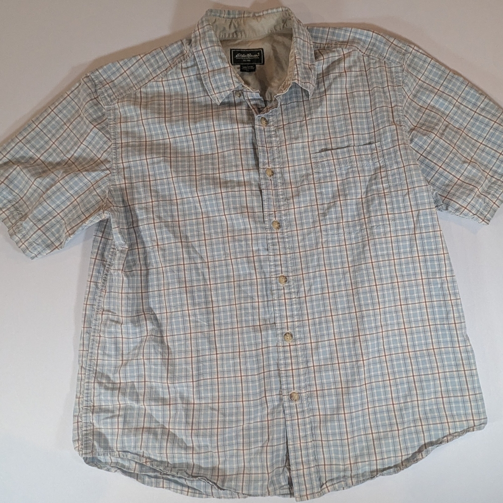 Eddie Bauer Blue and Tan Plaid Casual Shirt